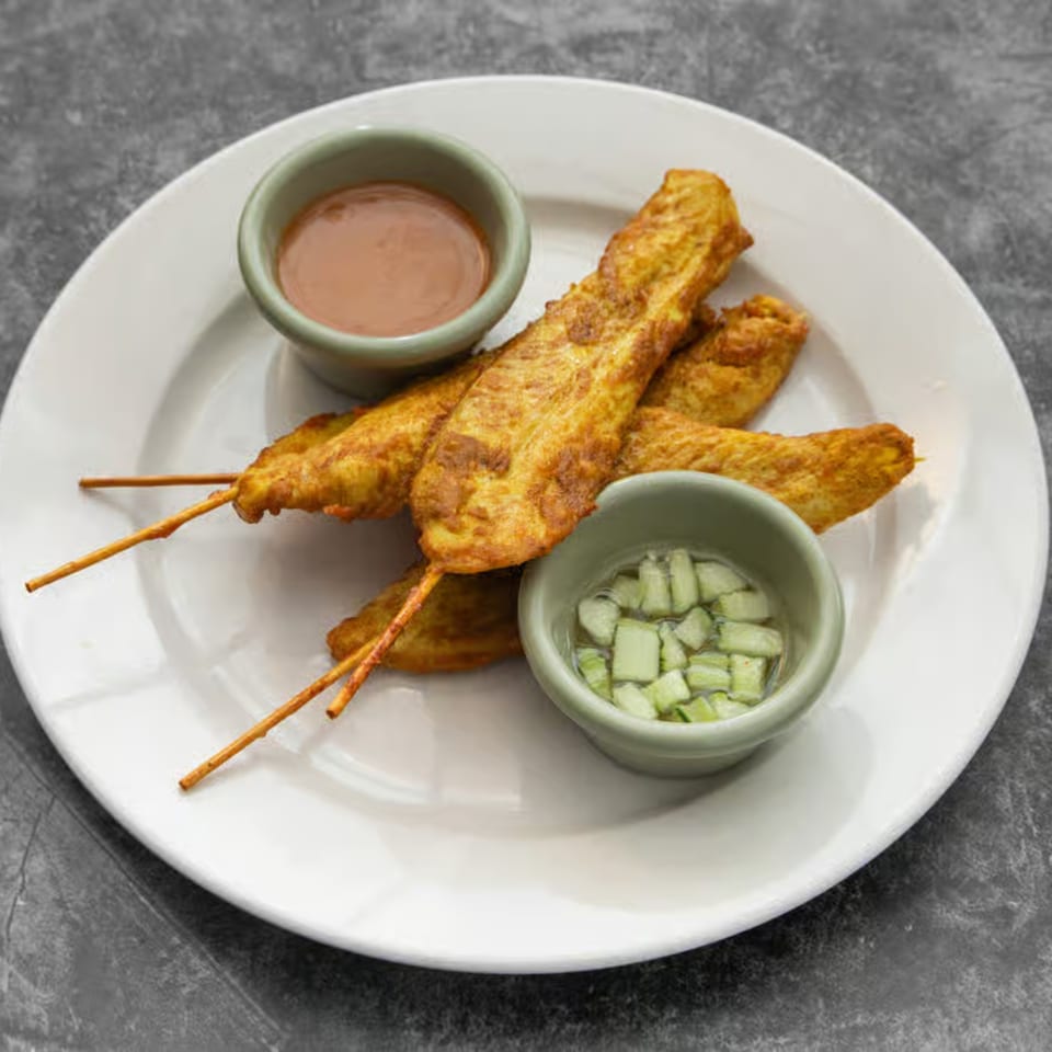 Mai Thai chicken satay skewers with peanut sauce and cucumber relish on a white plate.